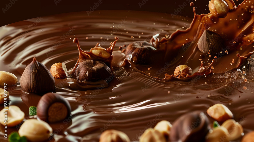 A chocolate river with nuts floating in it A chocolate river with nuts floating in it