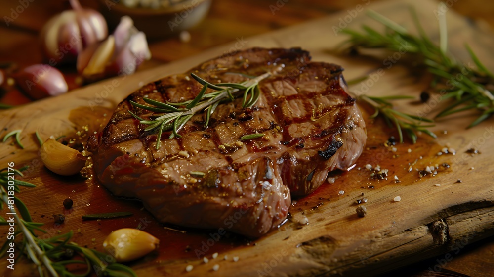 A perfectly grilled steak on a wooden board, with rosemary and garlic cloves, styled in a rustic manner A perfectly grilled steak on a wooden board, with rosemary and garlic cloves, styled in a rustic manner