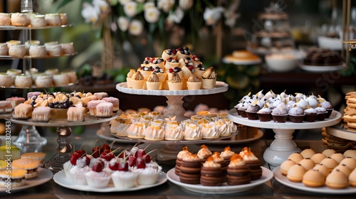 A luxurious dessert table with a variety of pastries, cakes, and cookies, styled for an elegant party