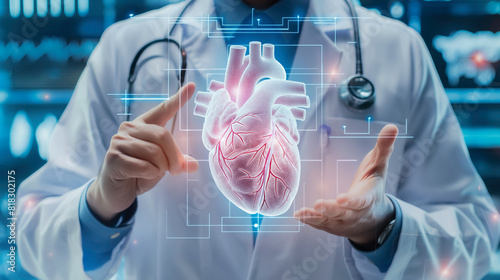 A doctor holding a 3D brain and heart on virtual futuristic digital screen, healthcare medical technology and innovations to diagnose and treatment  cardiovascular system disease.	