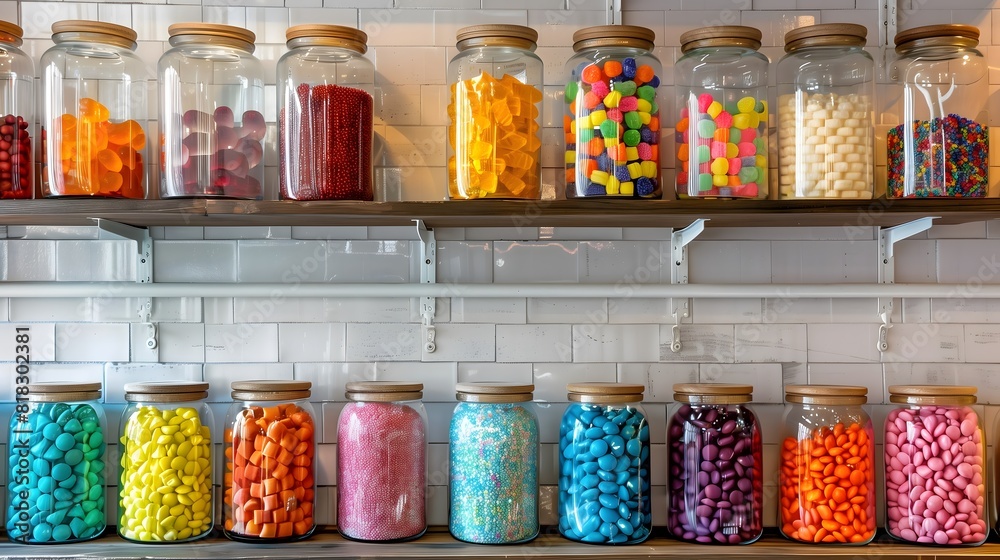 An array of colorful candies in glass jars, displayed on a vintage candy shop counter An array of colorful candies in glass jars, displayed on a vintage candy shop counter