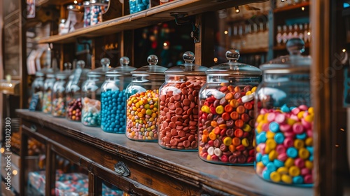 An array of colorful candies in glass jars, displayed on a vintage candy shop counter