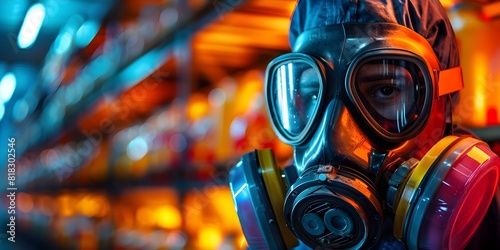 Assessing Toxic Spills in Industrial Warehouses: Technicians in Gas Masks. Concept Toxic Spills, Industrial Warehouses, Technicians, Gas Masks, Safety Protocols photo