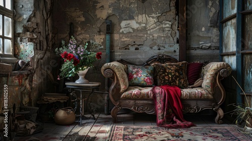 Close up of old vintage furniture and decorative elements in an abandoned old house