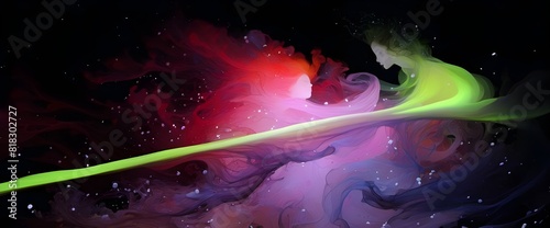 Two people floating in dark space, colourful clouds. Background wallpaper