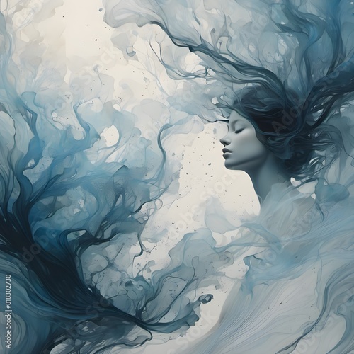 Woman with long dark hair flowing into smoke