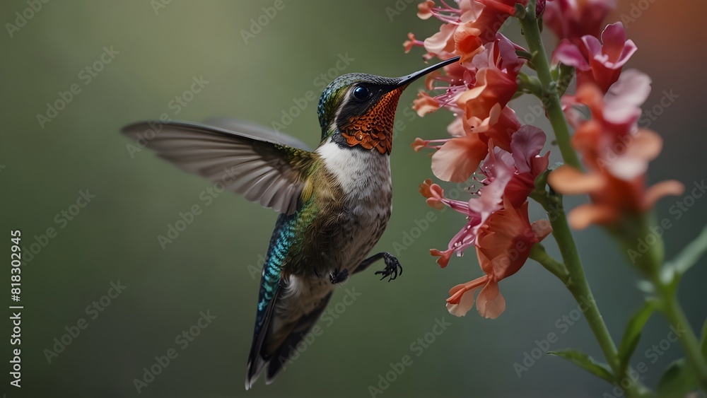 Obraz premium A hummingbird sitting on a flower stem, it sips nectar from the vibrant petals