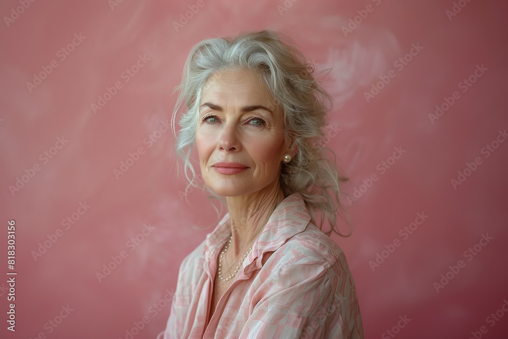 Elegant Mature Woman with Gray Hair, Pink Background, Soft Lighting, Fashionable Outfit, Serene Expression, Minimalist Composition, Copy Space for Text Elegant Mature Woman with Gray Hair, Pink Background, Soft Lighting, Fashionable Outfit, Serene Expression, Minimalist Composition, Copy Space for Text