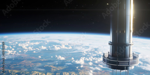 Fototapeta Naklejka Na Ścianę i Meble -  A space elevator rises from the Earth's surface to a floating platform in the sky