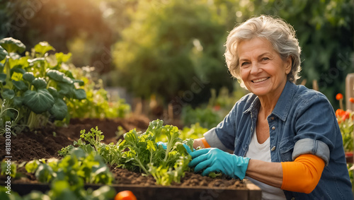 Smiling elderly woman wearing gloves in the garden