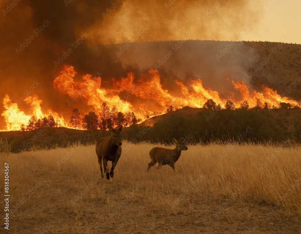 Fototapeta premium Wildfire with Flames and Smoke Near Wildlife