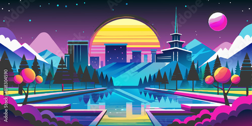 Vibrant Retro-Futuristic Cityscape with Mountains and Lake