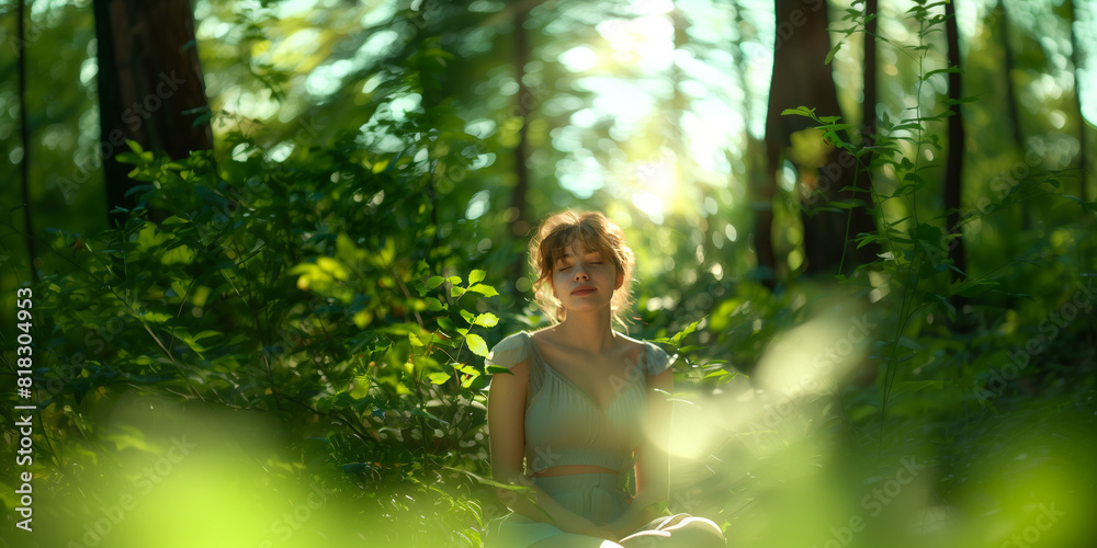 Naklejka premium Young Woman enjoy the sunshine in a gigantic tropical garden