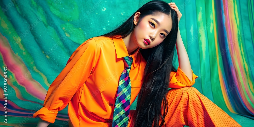 Portrait of a Korean Asian woman with long black silky shiny hair in orange clothes Beautiful model posing Portrait of a Korean Asian woman with long black silky shiny hair in orange clothes Beautiful model posing