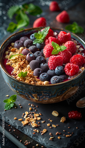 smoothie bowl with fresh fruits granola seeds chocolate blueberry  blackberry  strawberry  raspberry  banana mint leaves 