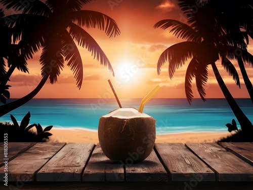 A peaceful beach scene with sunset glow and palm tree silhouettes