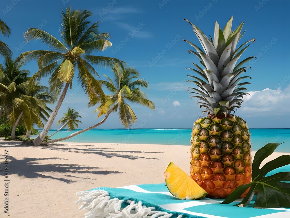 Serene summer beach view with palm trees, golden sands, and pineapple juice Serene summer beach view with palm trees, golden sands, and pineapple juice