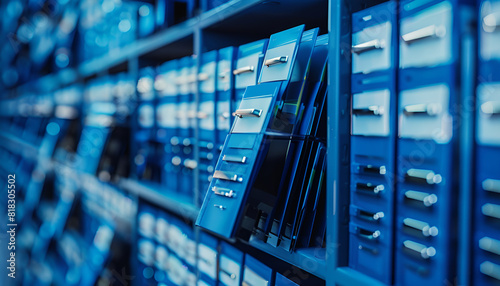 Digital archive. One of storage racks covered folder icons and toned in blue symbolizing keeping information digitally