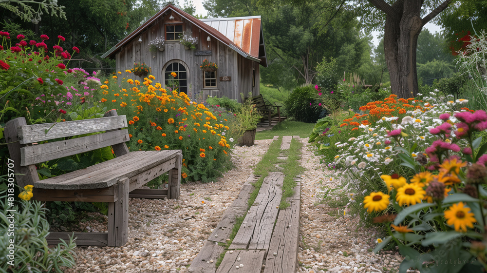 garden with flowers and an old house