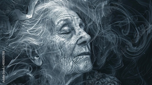 Abstract illustration of an elderly woman's face with closed eyes, surrounded by swirling lines. Digital art portrait in monochrome. Concept of wisdom and reflection. Design for poster.