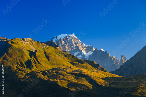 Landscape near Col du Petit-Saint-Bernard with Mont Blanc, on border France and Italy