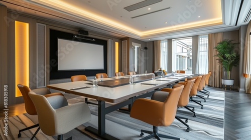 A modern meeting room with a long table, ergonomic chairs, and a large screen for presentations