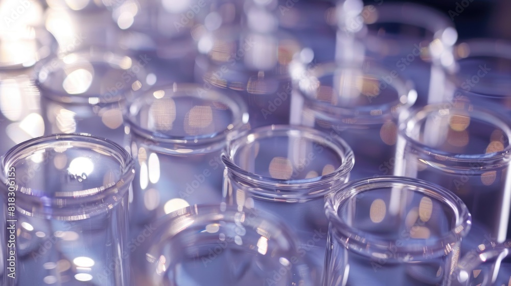 Lab beakers and test tubes, the neatly arranged glassware under soft lighting in a bright laboratory setting Lab beakers and test tubes, the neatly arranged glassware under soft lighting in a bright laboratory setting