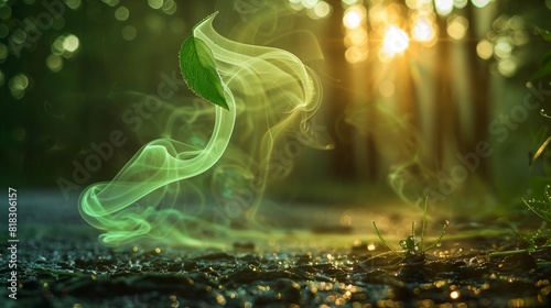Mint green smoke curling into a leaf shape, hovering over a dewy forest floor at sunrise photo