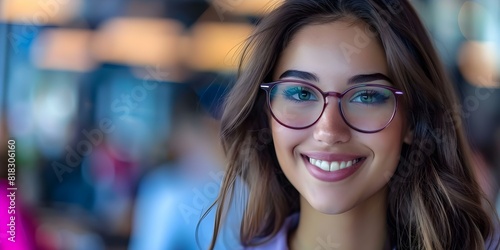 Smiling female professional in office setting wearing glasses and looking at copy space. Concept Headshot, Professional, Office Setting, Eyeglasses, Copy Space