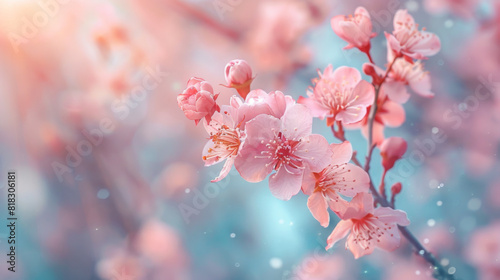 Soft pink cherry blossoms bloom against a blurred background, embodying the essence of spring.