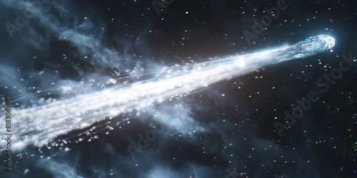 A comet streaks across the sky, its tail leaving a mesmerizing trail of icy white dust