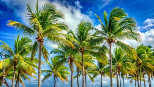 Generative ai. A vibrant scene with tall  lush palm trees set against a bright blue sky with scattered white clouds. The palm fronds are swaying  creating a tropical  paradise-like atmosphere.