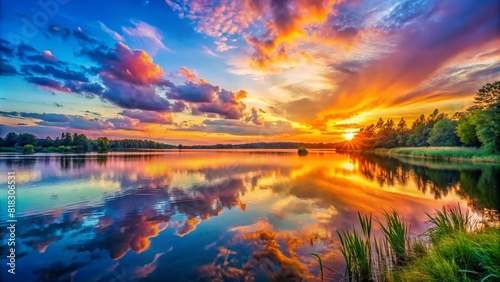 Generative ai. Vividly colorful sunset over a serene lake, with dramatic clouds reflecting in the calm water. Green foliage lines the shore on the right, contrasting with the vibrant hues of the sky. © Ali