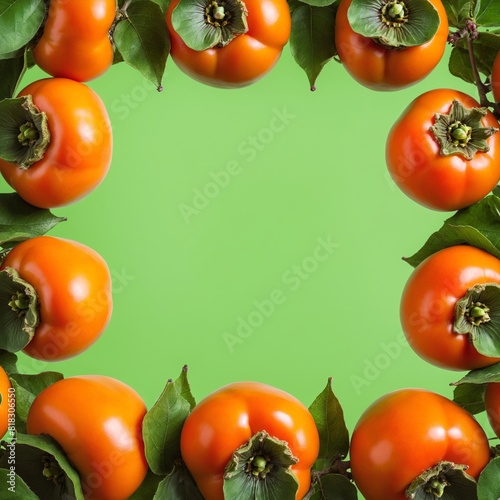 Fresh kaki persimmon fruits on green. Top view flat lay, copy space