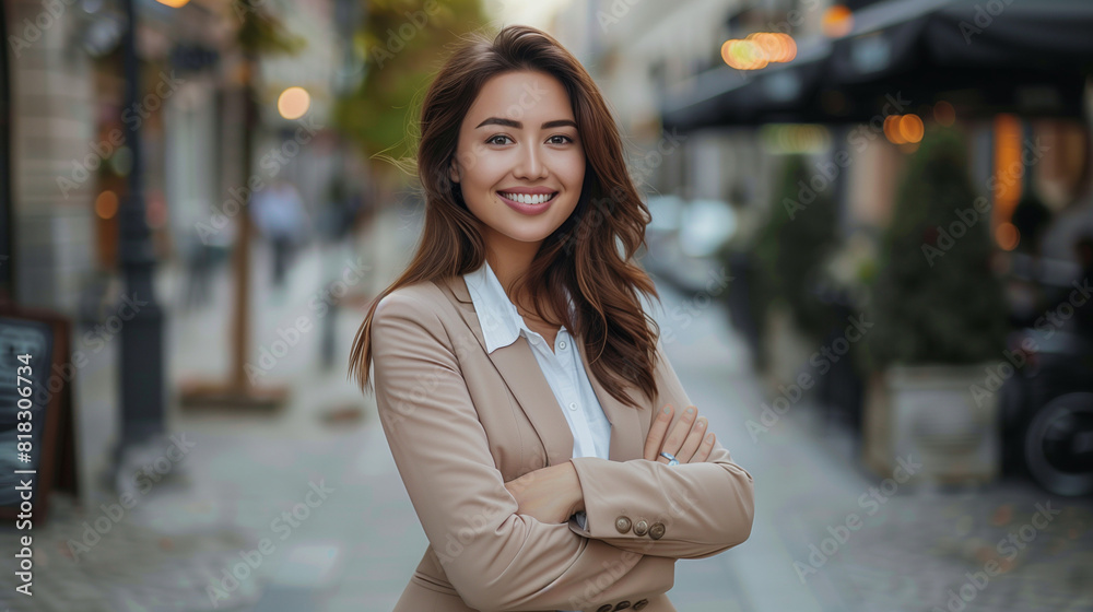 Fototapeta premium Woman Standing on City Street With Arms Crossed