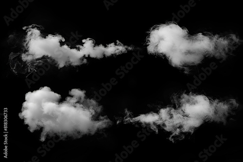 Fog or smoke set isolated on black background. White cloudiness, mist or smog background. photo
