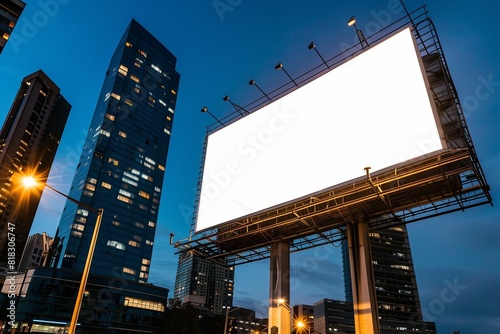 Twilight hour with a blank billboard illuminated by city lights photo