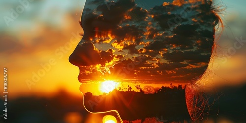 A highresolution sunset texture with gradient colors close up  focus on  copy space Warm and vibrant Double exposure silhouette with sun