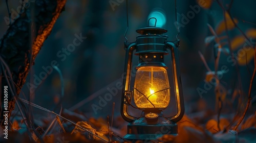 Vintage oil lantern glowing in the dark forest. Features a warm, atmospheric light surrounded by wilderness, highlighting nature's beauty.