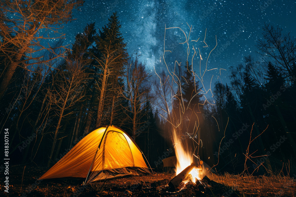 A small yellow tent is set up in a forest with a fire burning nearby A small yellow tent is set up in a forest with a fire burning nearby
