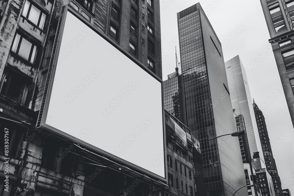 Urban grayscale cityscape with a close-up of a blank billboard