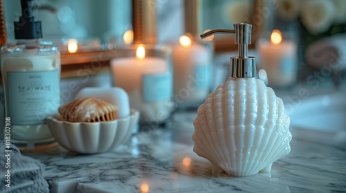 Soap dispenser and candles on bathroom counter photo