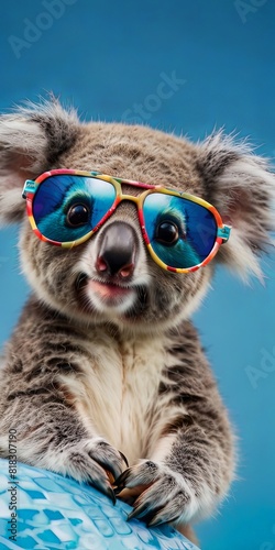 Potrait illustration of a cute koala wearing glasses to welcome the summer holidays with a blue beach background
