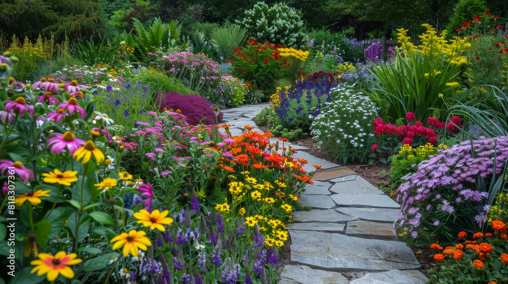 A garden path is lined with colorful flowers and plants A garden path is lined with colorful flowers and plants