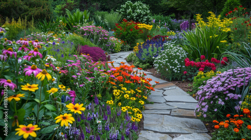 A garden path is lined with colorful flowers and plants