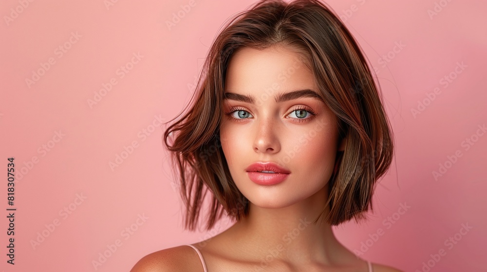 Portrait of a young woman with a short bob haircut. Studio photography against a pink background. Fashion and beauty concept for design and print Portrait of a young woman with a short bob haircut. Studio photography against a pink background. Fashion and beauty concept for design and print
