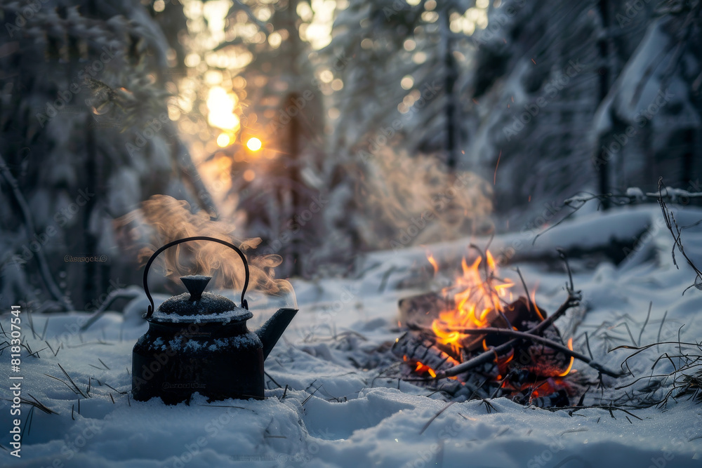 A black kettle sits on a snowy ground next to a fire A black kettle sits on a snowy ground next to a fire