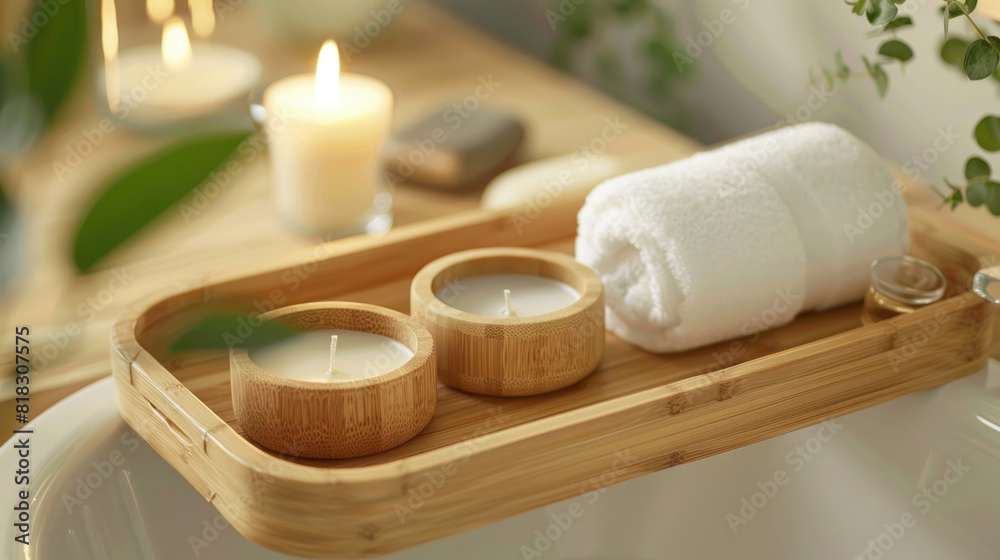 A bamboo tray holding candles and towels