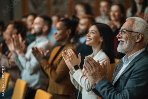 Applauding people. Happy satisfied audience joyfully applauding during business conference or seminar. Side view portrait of smiling men and women clapping their hands. Panoramic web banner.