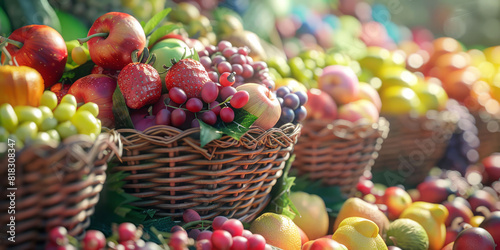 Numerous baskets filled with a variety of fresh fruit